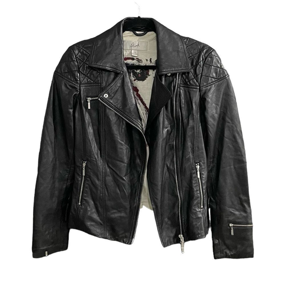 BLINK Leather Cropped Moto Biker Jacket Asymmetrical Zippers Black XS